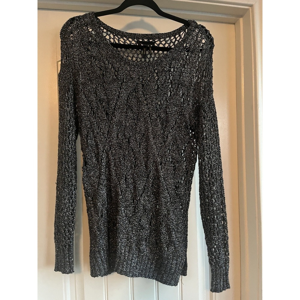 Jans Buffalo Delilah M Black Metallic Open Knit Mesh Sweater Sheer Long Sleeve - Picture 2 of 6